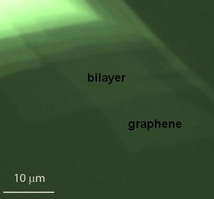 20 um by 20 um piece of graphene showing mono- and bilayer areas. Please note the gradual difference in the contrast.